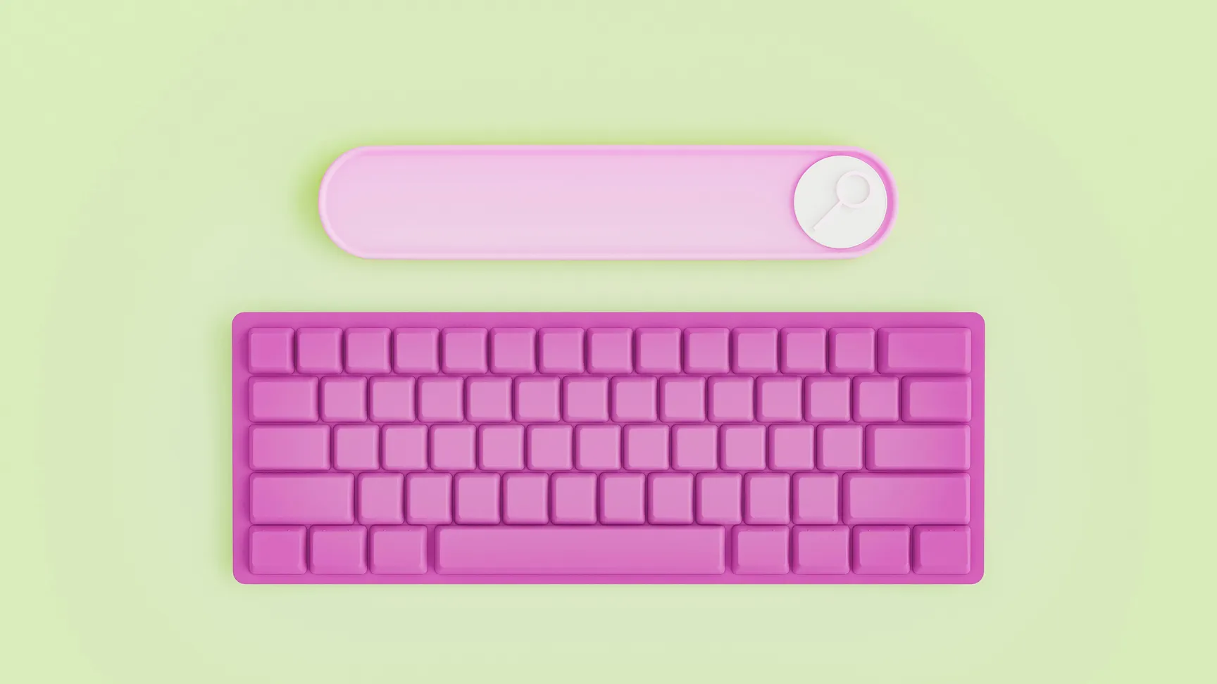 Farverig pinkt mekanisk tastatur og pink søgebar på en lys grøn baggrund.
