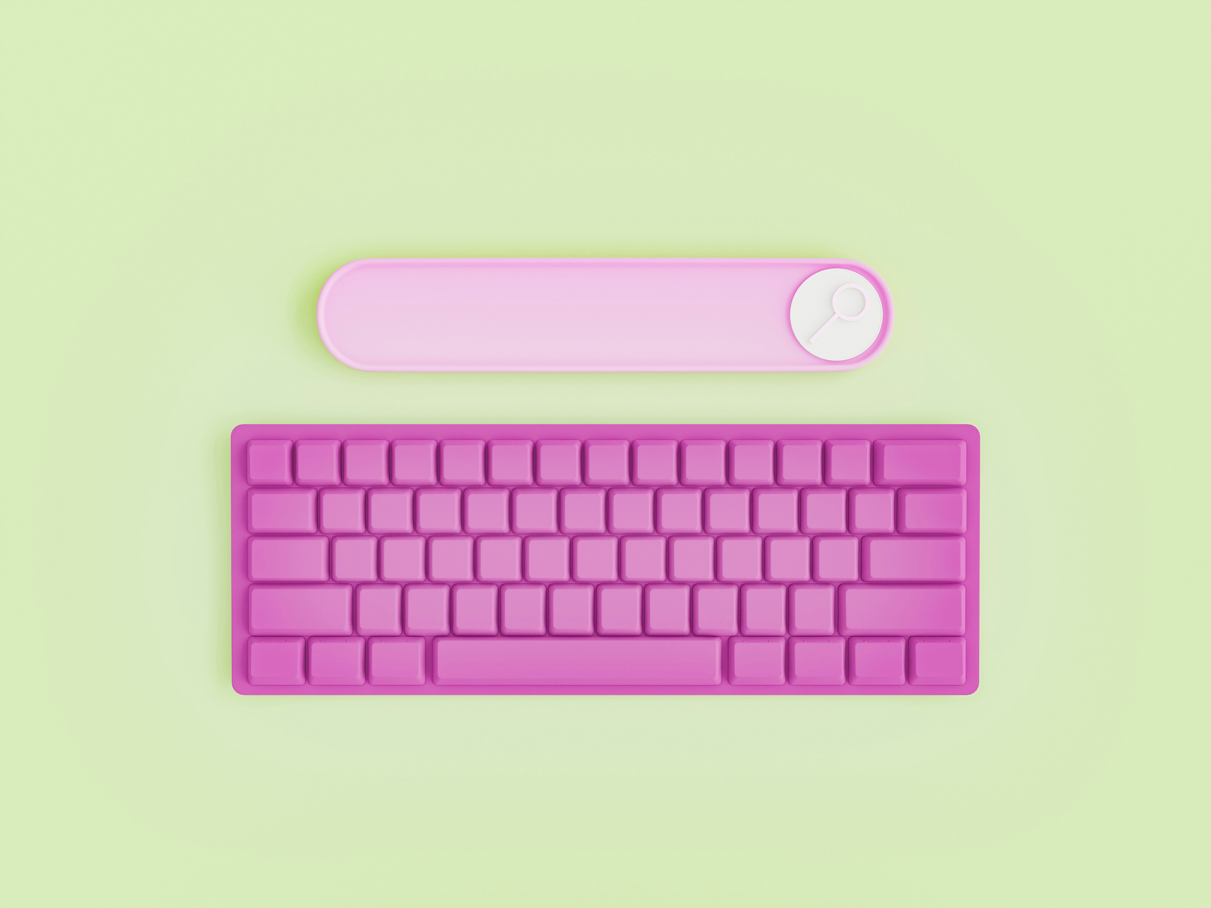 Farverig pinkt mekanisk tastatur og pink søgebar på en lys grøn baggrund.