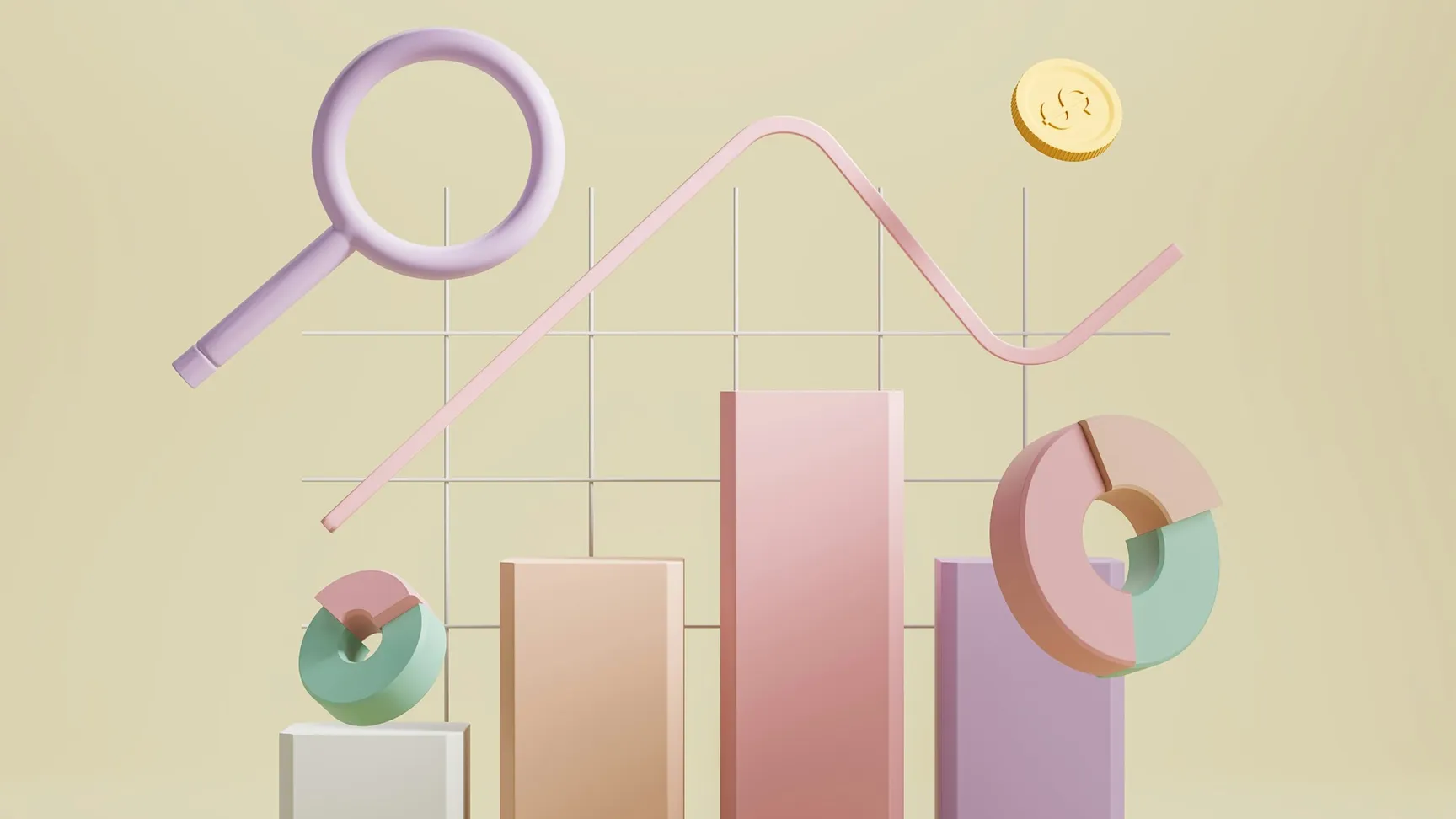 Farverig grafik med søjler, cirkeldiagram og en lup på en lys baggrund, der symboliserer dataanalyse og økonomiske trends.