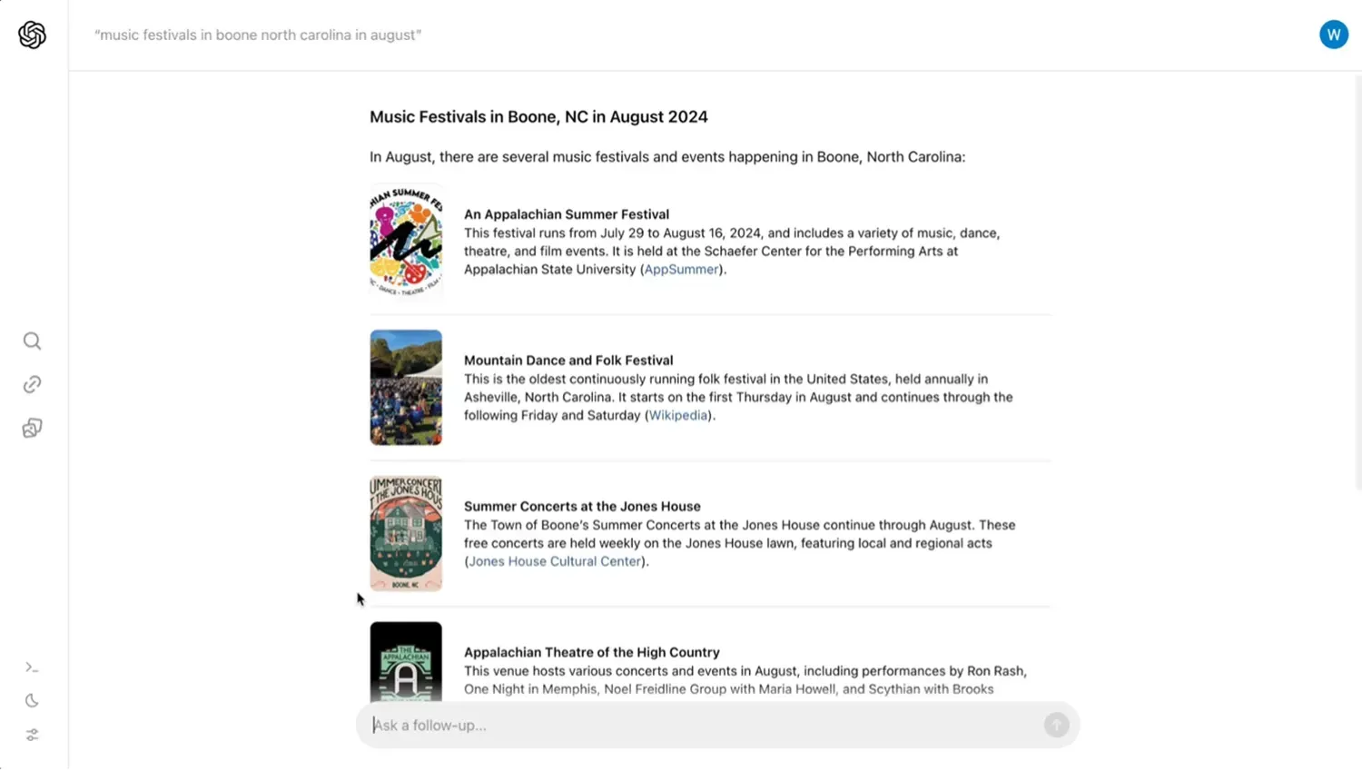 Musikfestivaler i Boone, North Carolina, i august 2024, herunder Appalachian Summer Festival, Mountain Dance and Folk Festival, Summer Concerts at the Jones House og Appalachian Theatre of the High Country.