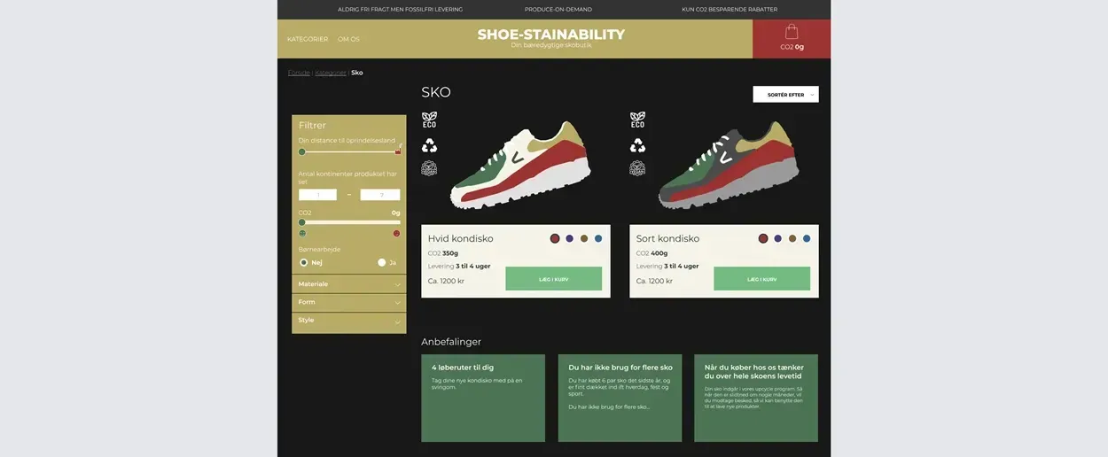ALT-text: Brugergrænseflade for Shoes-tainability webshop med filtre til bæredygtige sko, visning af en hvid kondisko og en sort kondisko, samt information om CO2 og leveringstider.
