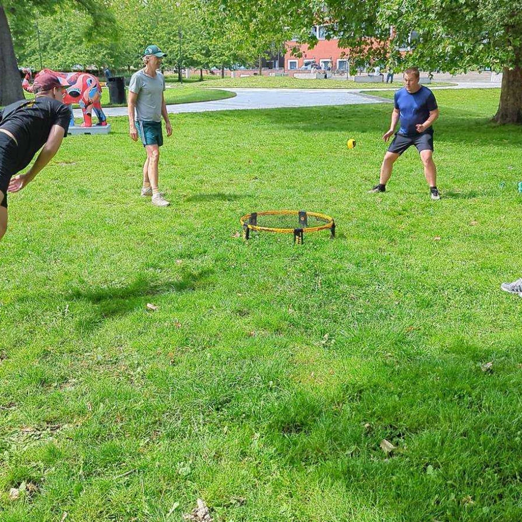 Fire personer spiller et udendørs spil med en ring på en grøn græsplæne i en park. En spiller i sort shorts står på ét ben og sparker en bold mod ringen, mens de andre spillere ser til. Det er solrigt, og der er træer i baggrunden.