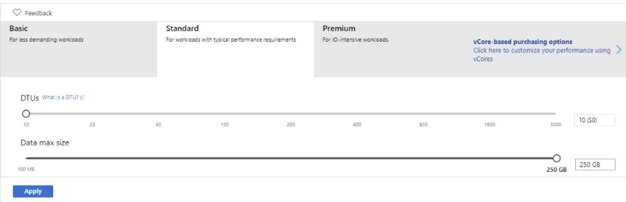 Alternativer for databehandling med indstillinger for Basic, Standard og Premium workload, samt skydesign for DTU og datastørrelse i en grafisk brugerflade.