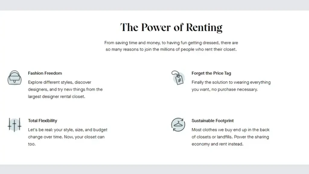 ALT tekst: "Grafik om fordelene ved at leje tøj, der fremhæver ‘Fashion Freedom’, ‘Total Flexibility’, ‘Forget the Price Tag’ og ‘Sustainable Footprint’."