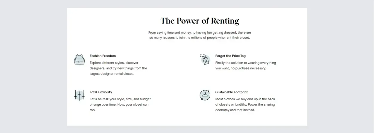 ALT tekst: "Grafik om fordelene ved at leje tøj, der fremhæver ‘Fashion Freedom’, ‘Total Flexibility’, ‘Forget the Price Tag’ og ‘Sustainable Footprint’."