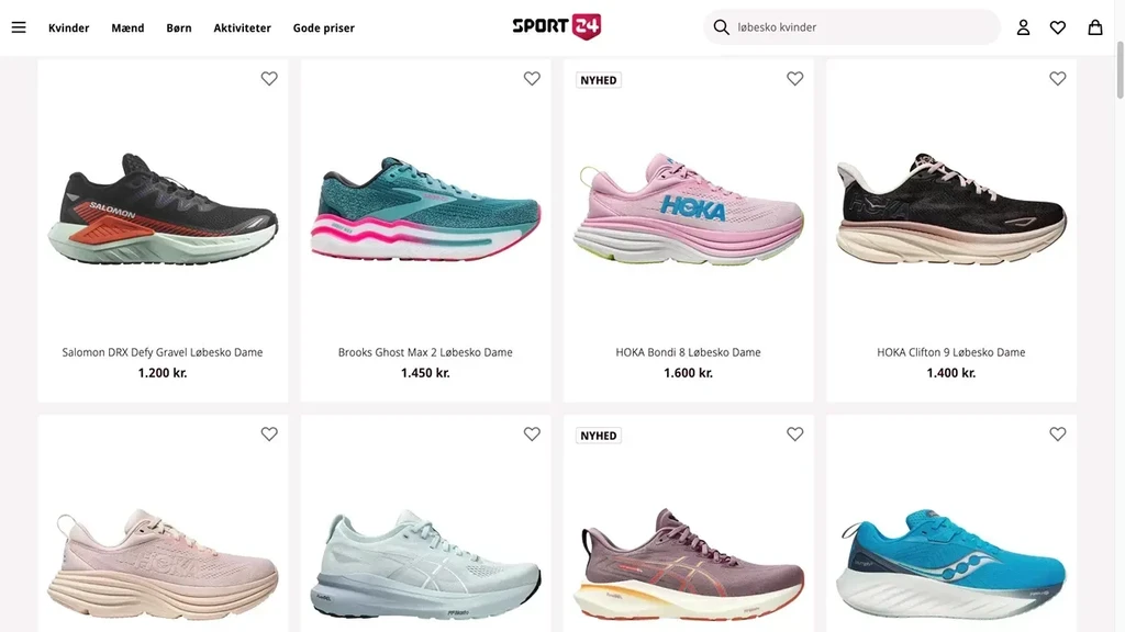 Billede af forskellige løbesko til kvinder, herunder modeller fra Salomon, Brooks og HOKA, prissat mellem 1.200 kr. og 1.600 kr.