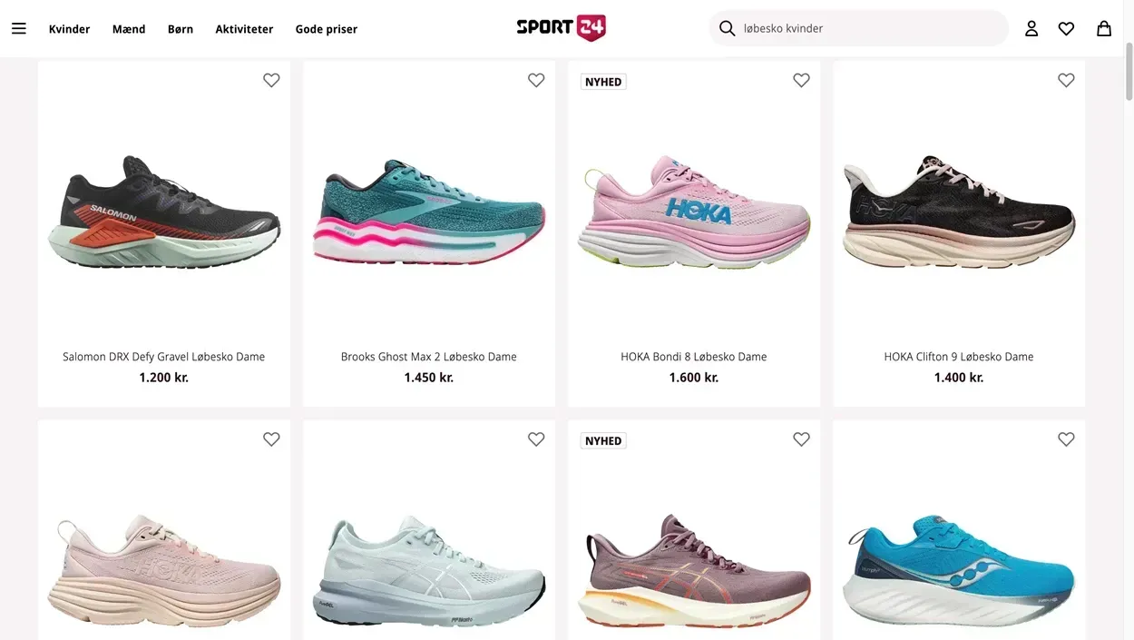 Billede af forskellige løbesko til kvinder, herunder modeller fra Salomon, Brooks og HOKA, prissat mellem 1.200 kr. og 1.600 kr.