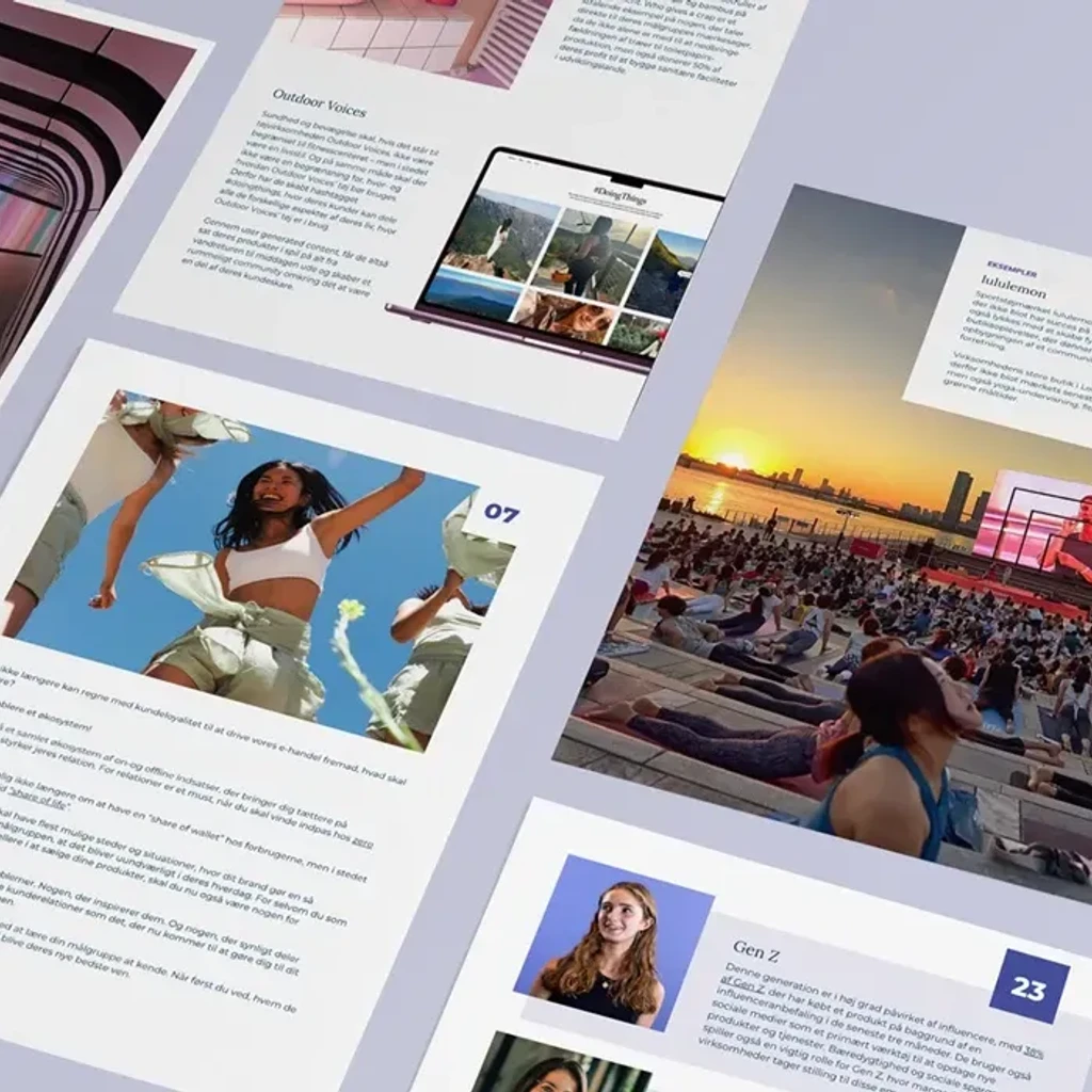 Billede af en rapport om handels- og forbrugertendenser for 2024, der viser farverige designelementer, tekstafsnit, og billeder af forskellige aktiviteter og mennesker, herunder yoga og udendørs arrangementer.