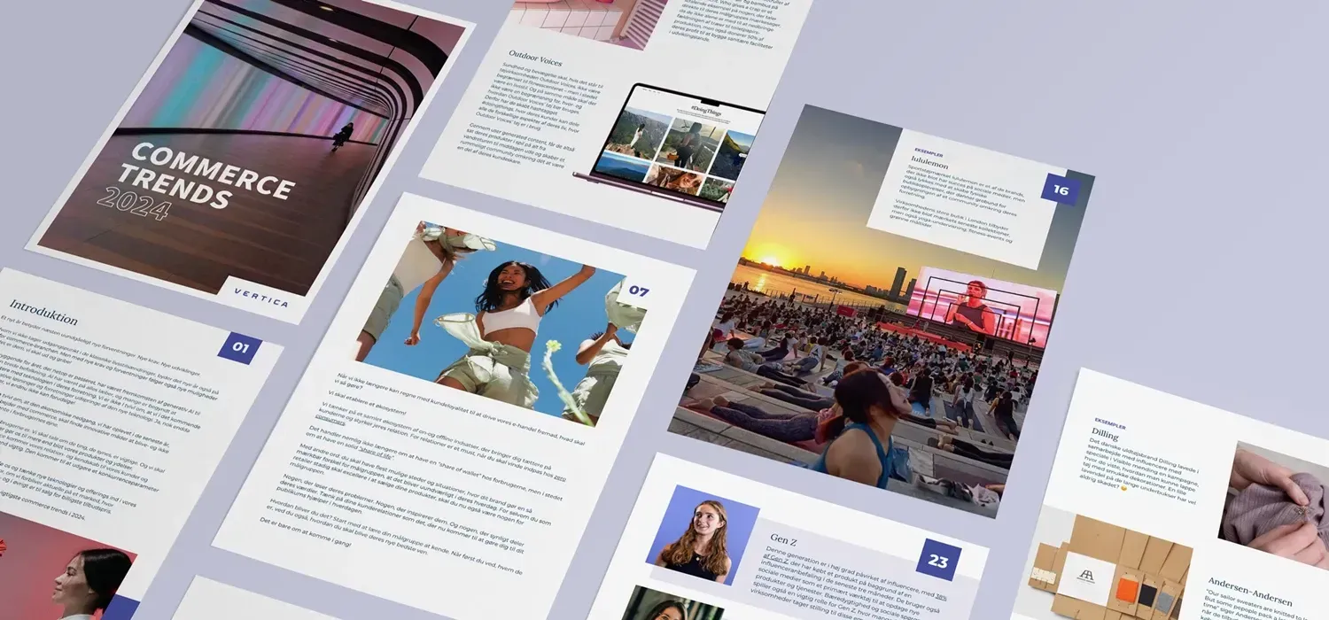 Billede af en rapport om handels- og forbrugertendenser for 2024, der viser farverige designelementer, tekstafsnit, og billeder af forskellige aktiviteter og mennesker, herunder yoga og udendørs arrangementer.