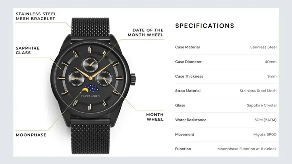 ALT tekst: En stilfuld sort ur med et mesh armbånd i rustfrit stål, visende specifikationer som materialer og funktioner, herunder månefasefunktion ved 6 o'clock.
